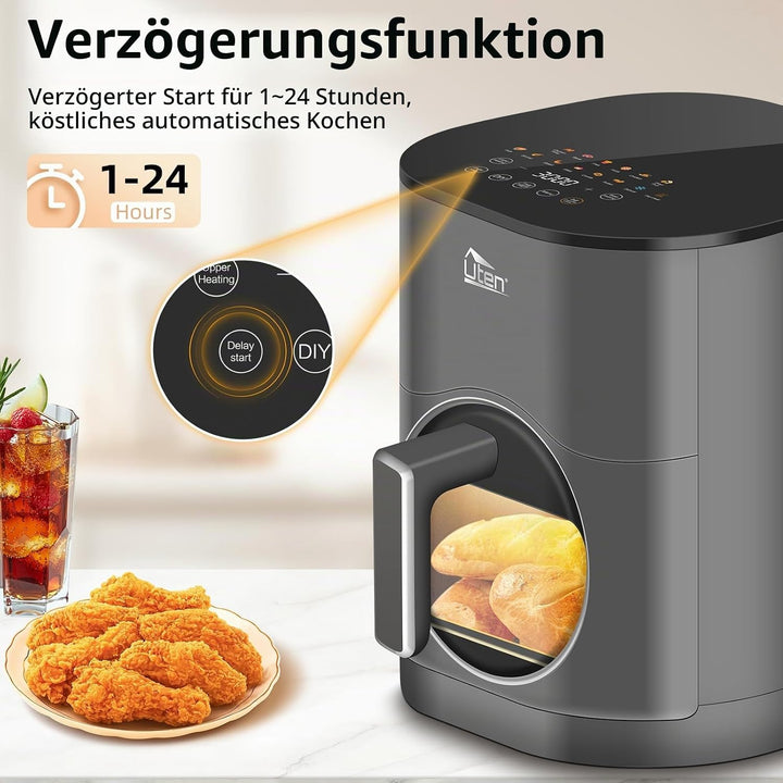 Uten Dual Blaze Heissluftfritteuse 5,5 L mit Sichtfenster, XXL Frittieren Fett, Farbbildschirm, 14 P