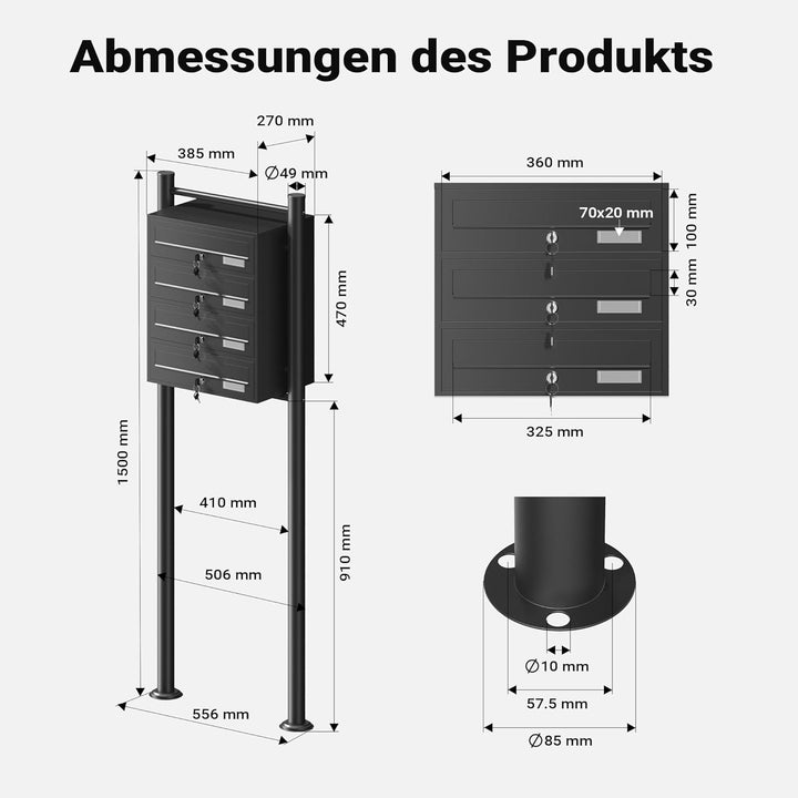 Wiltec 4er Briefkastenanlage schwarz 270 x 513 x 1500 mm, Standbriefkasten mit 4 Fächern, Schlüssel