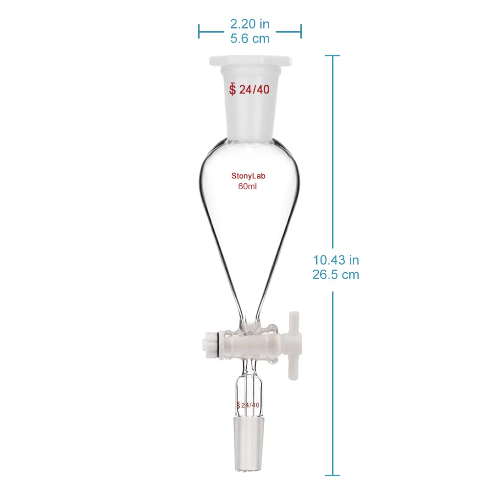 stonylab Scheidetrichter Glas, 60 ml Separatorentrichter mit PTFE-Absperrhahn Konischer Birnenförmig