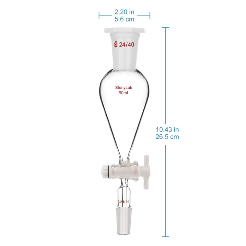 stonylab Scheidetrichter Glas, 60 ml Separatorentrichter mit PTFE-Absperrhahn Konischer Birnenförmig