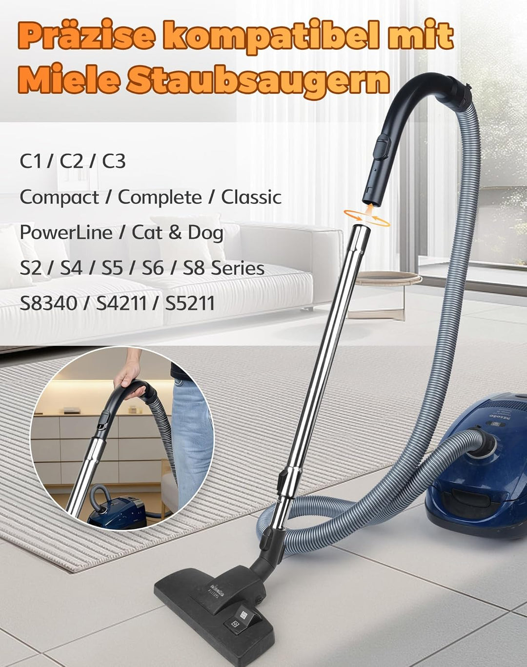 Handgriff & Edelstahl Teleskoprohr für Miele Staubsauger S8340 Ersatz kompatibel mit Miele C1 C2 C3