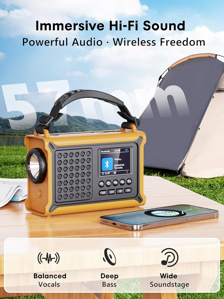 ROCAM DAB+/UKW Radio mit Bluetooth, 12000mAh Kurbelradio mit 8500mm² Solarpanel & 650mA Kurbel, Trag
