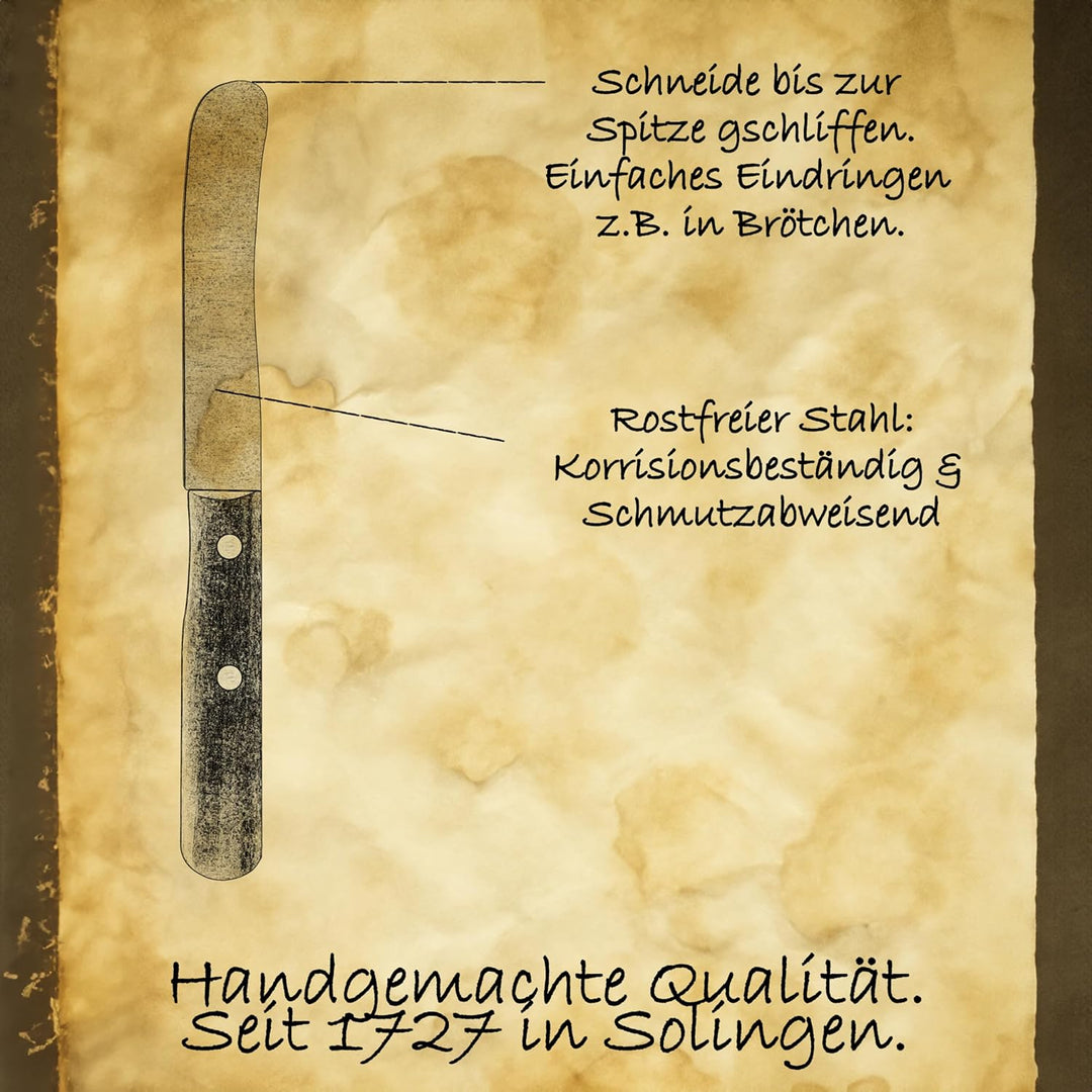 Solingen Messer Walnuss Buckelmesser 2er Set, stabile Hohl Stiftnieten, Frühstücksmesser, Brötchenme