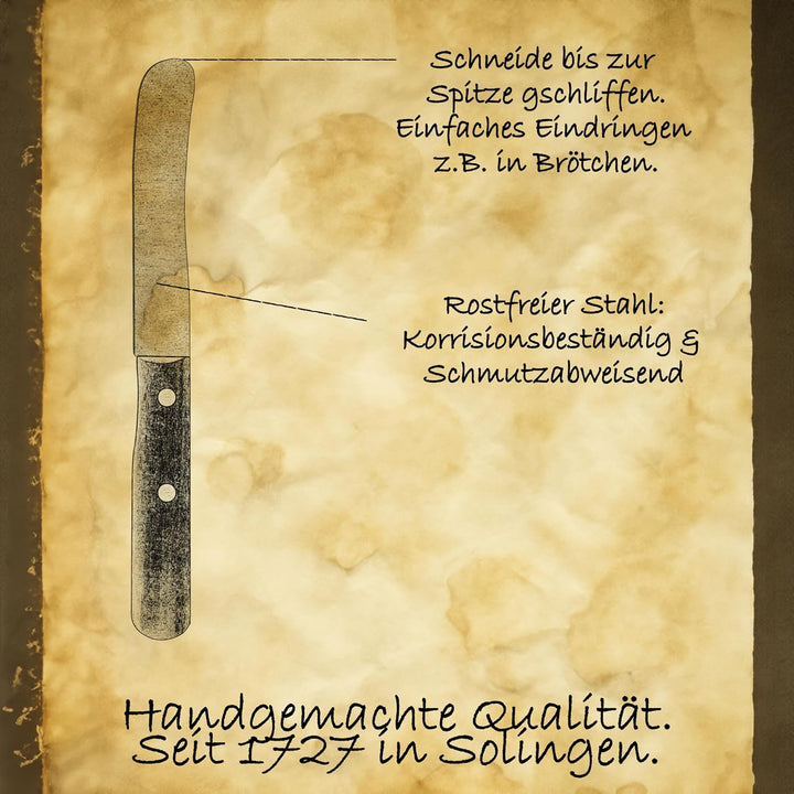 PIKAS SINCE 1727 Solingen Messer Walnuss Buckelmesser 4er, stabile Hohl Stiftnieten, Frühstücksmesse