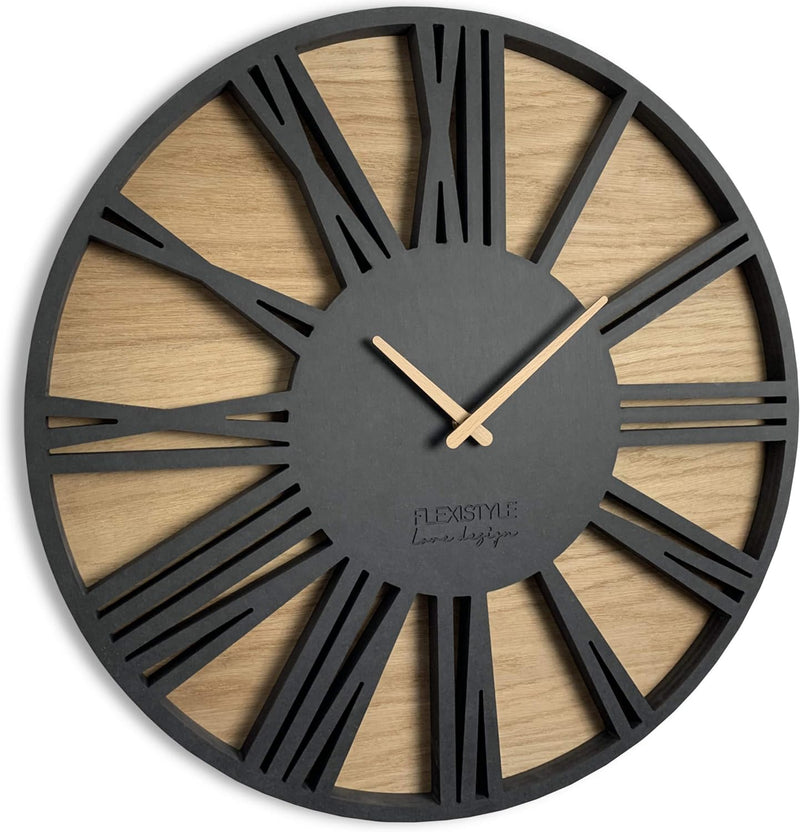 FLEXISTYLE Gross wanduhr ohne tickgeräusche Roman LOFT Schwarz 50cm, Wohnzimmer, Schlafzimmer, in EU