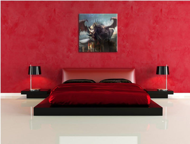 der Drache auf der Festung, Format: 70x70 auf Leinwand, XXL riesige Bilder fertig gerahmt mit Keilra