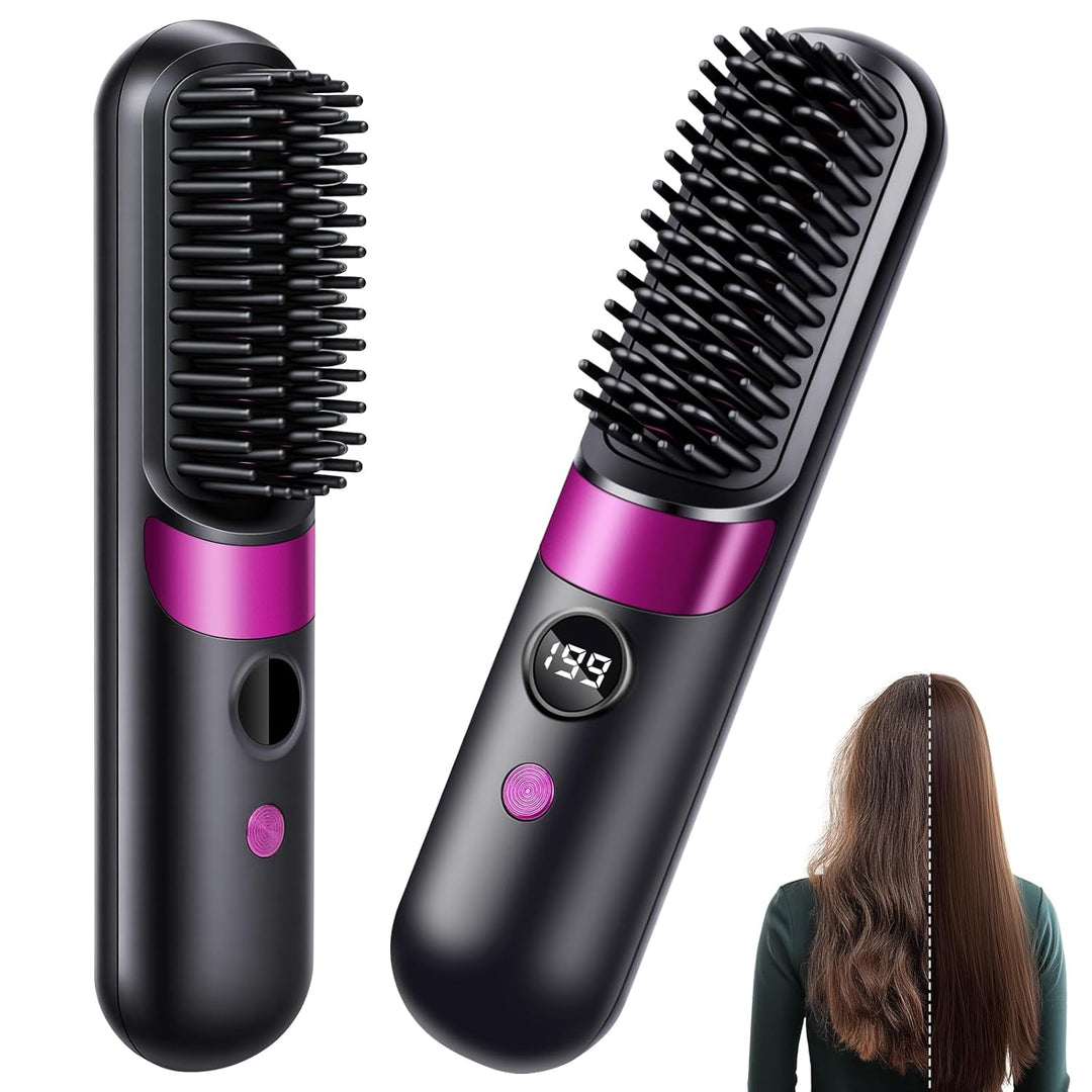 LOPHE Glättbürste, 2 in 1 Haarglätter Bürste mit LED Display, Hair Straightener Kabellos und Verbrüh