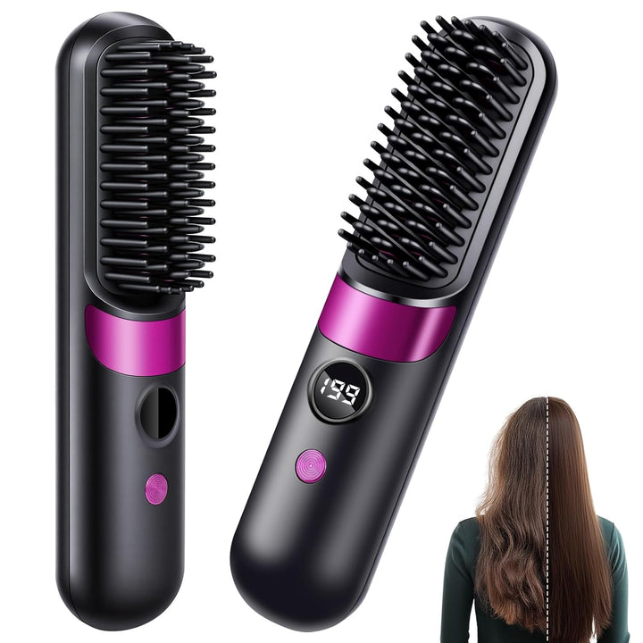 LOPHE Glättbürste, 2 in 1 Haarglätter Bürste mit LED Display, Hair Straightener Kabellos und Verbrüh