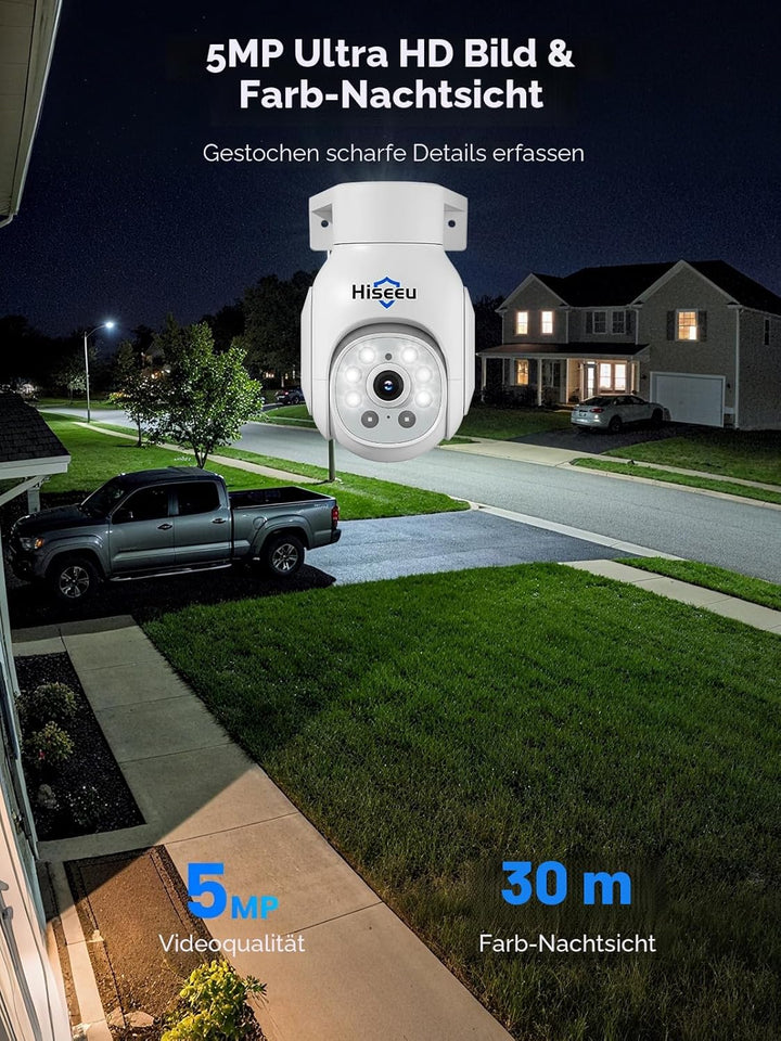 【5MP Auflösung+360°PTZ】 Hiseeu 5MP Überwachungskamera Set Aussen,4X 5MP 360° Überwachung Kamera Auss