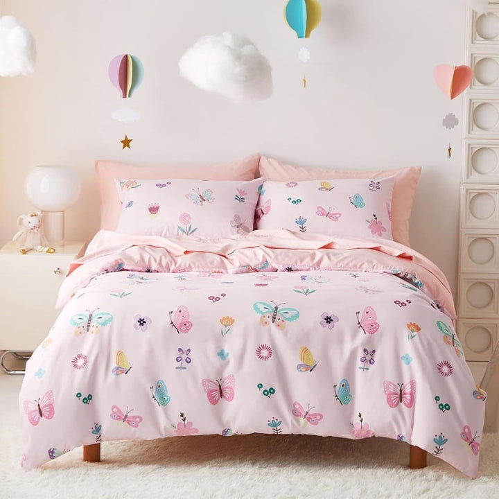 Freyamy Kinder Bettwäsche 100x135cm 2teilig Rosa Bunt Schmetterling Blume Wendebettwäsche Gebürstet