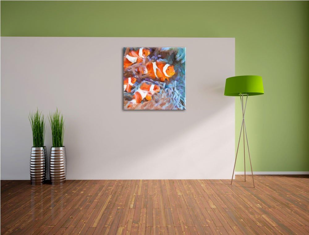 Pixxprint süsse Clownfische in Anemone als Leinwandbild/Grösse: 70x70 cm/Wandbild/Kunstdruck/fertig
