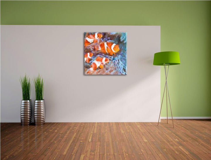 Pixxprint süsse Clownfische in Anemone als Leinwandbild/Grösse: 70x70 cm/Wandbild/Kunstdruck/fertig
