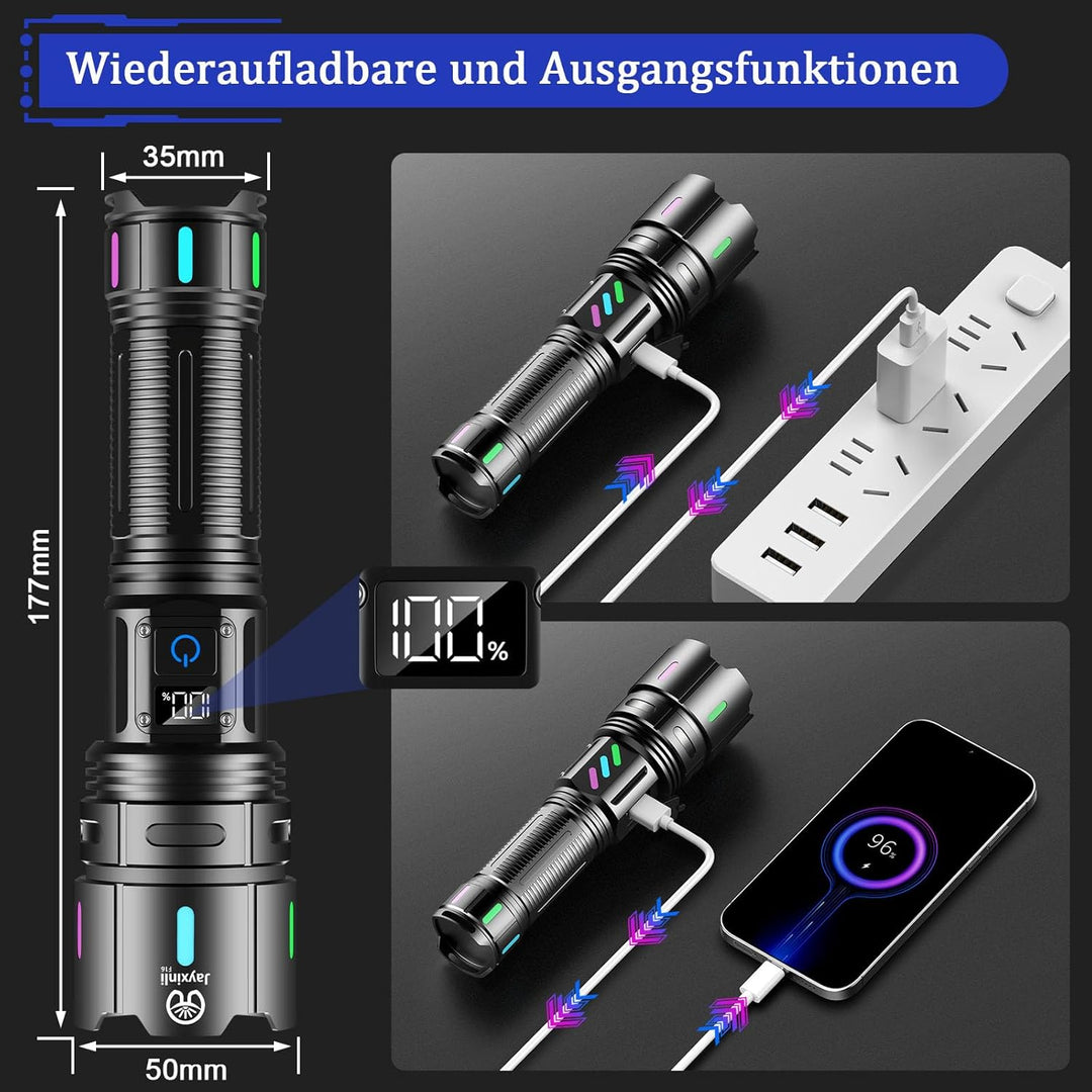 Jayxinli Taschenlampe LED Aufladbar 500000 Lumen, Extrem Hell, Starke, 5 Lichtmodi, Zoombar Mehrfarb