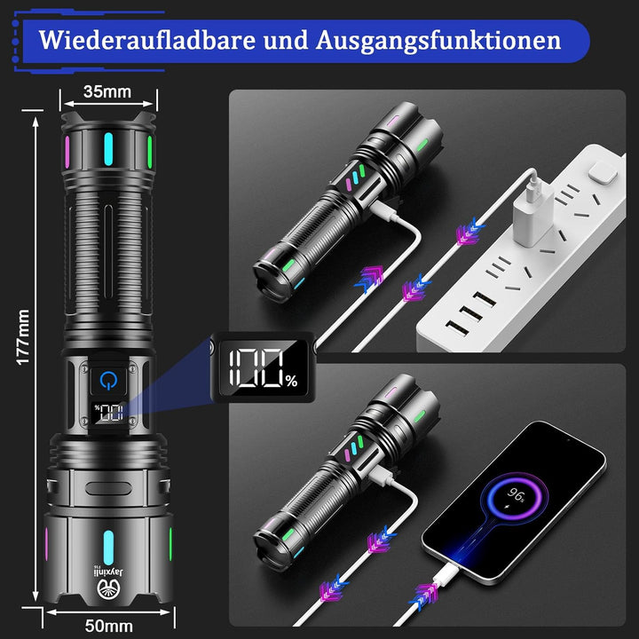 Jayxinli Taschenlampe LED Aufladbar 500000 Lumen, Extrem Hell, Starke, 5 Lichtmodi, Zoombar Mehrfarb