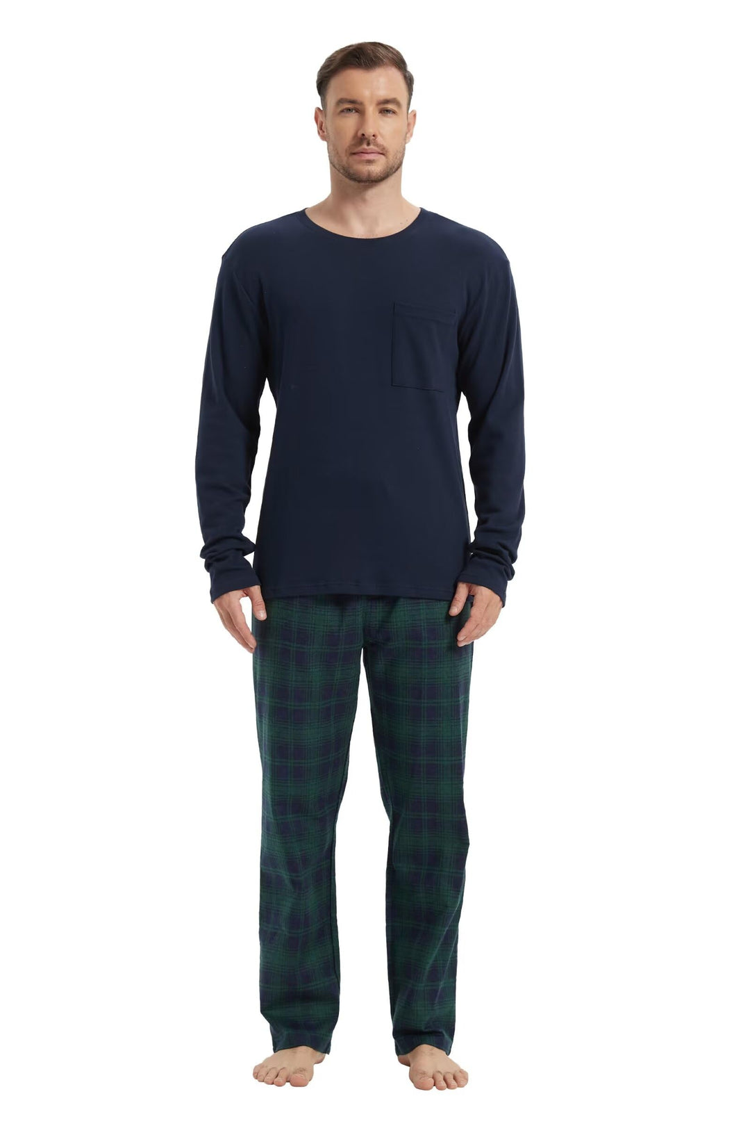 GLOBAL Herren Schlafanzüge Flanell Herren Pyjama Set Baumwolle Langarm-Pullover Oberteil und elastis