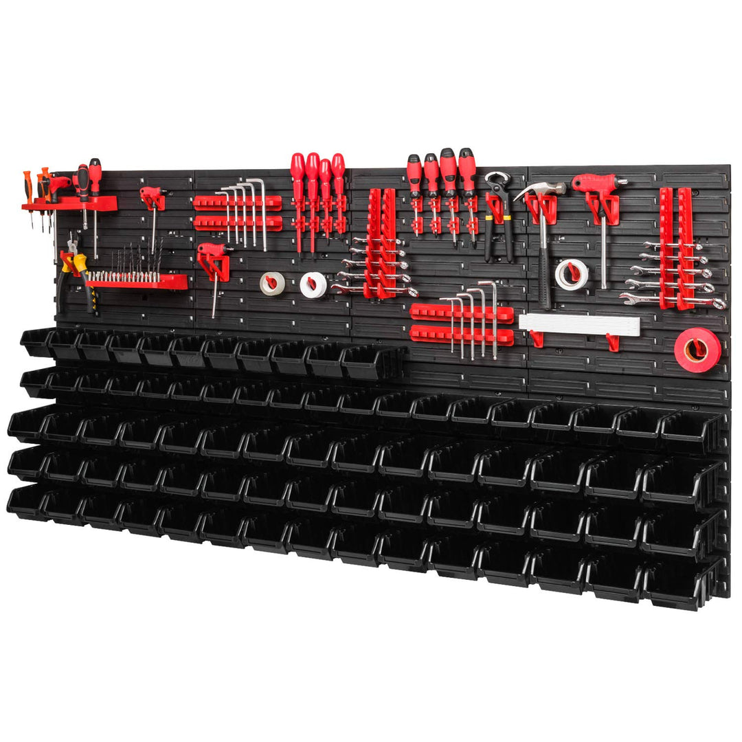 PAFEN Lagersystem - 1544 x 780 mm - Wandregal 75x Schwarz Stapelboxen und 38 stück Rot Werkzeughalte