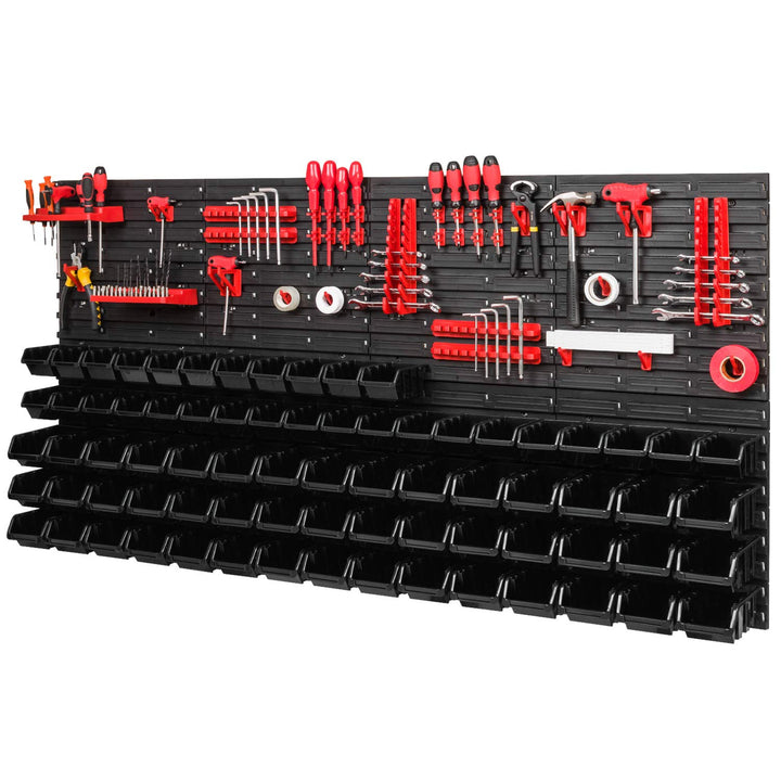 PAFEN Lagersystem - 1544 x 780 mm - Wandregal 75x Schwarz Stapelboxen und 38 stück Rot Werkzeughalte