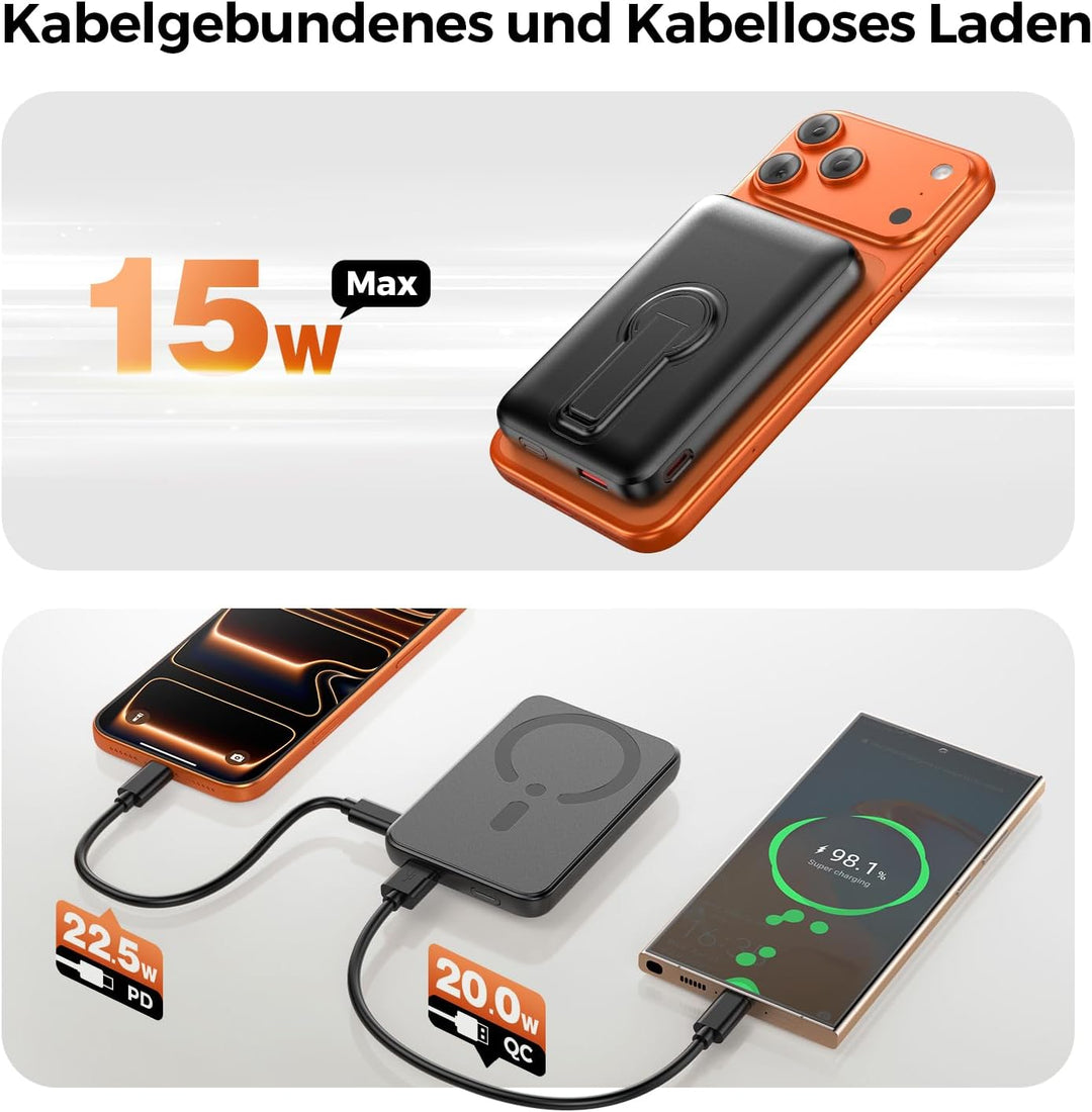 Powerbank für Magsafe, Magnetische Power Bank 12000mAh mit PD 22.5W, Schnellladung Kabelloses Powerb