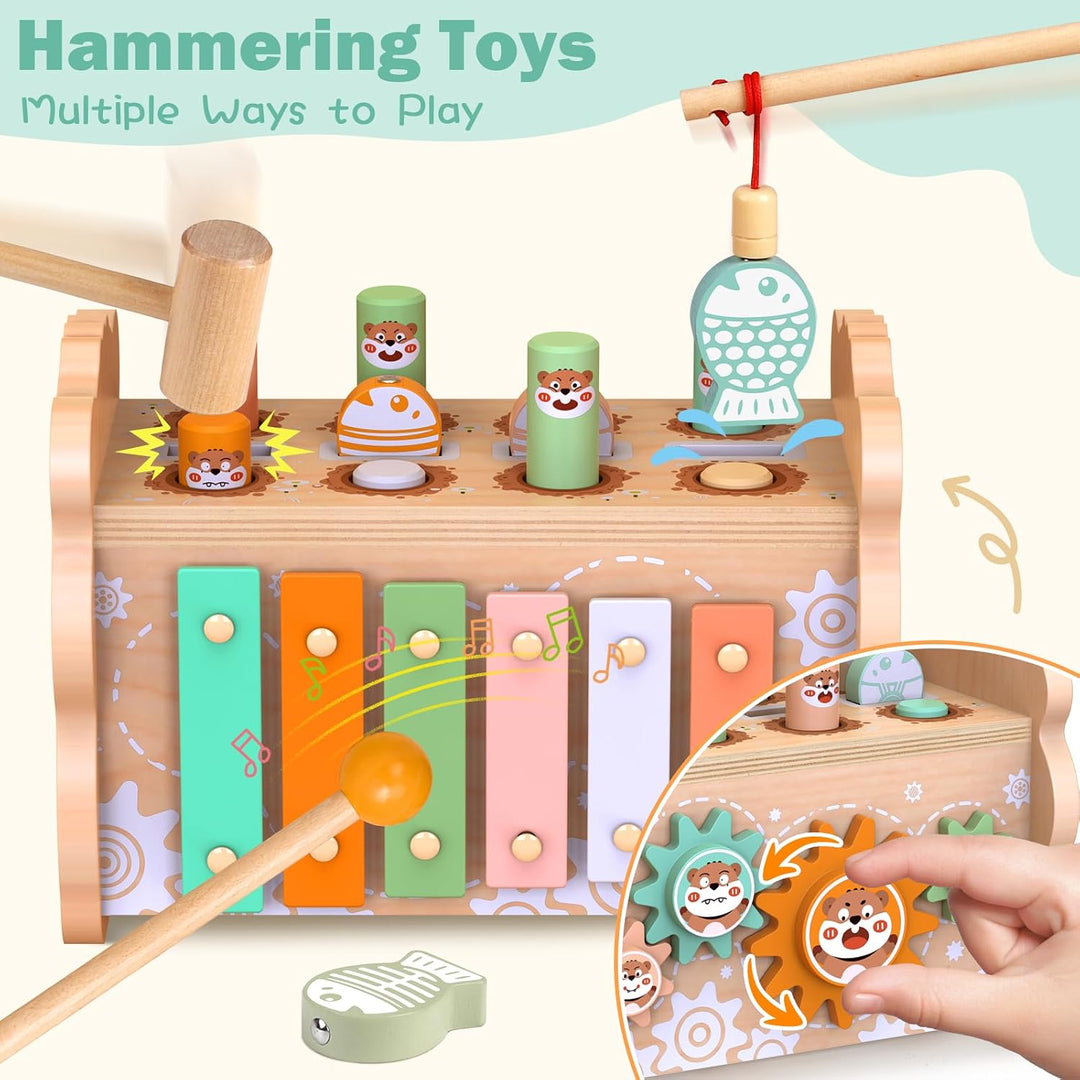 Holz Montessori Spielzeug für Kleinkinder 1-3 Jahre, Baby Hammerbank mit Xylophon &amp; Angelspiel, Auto