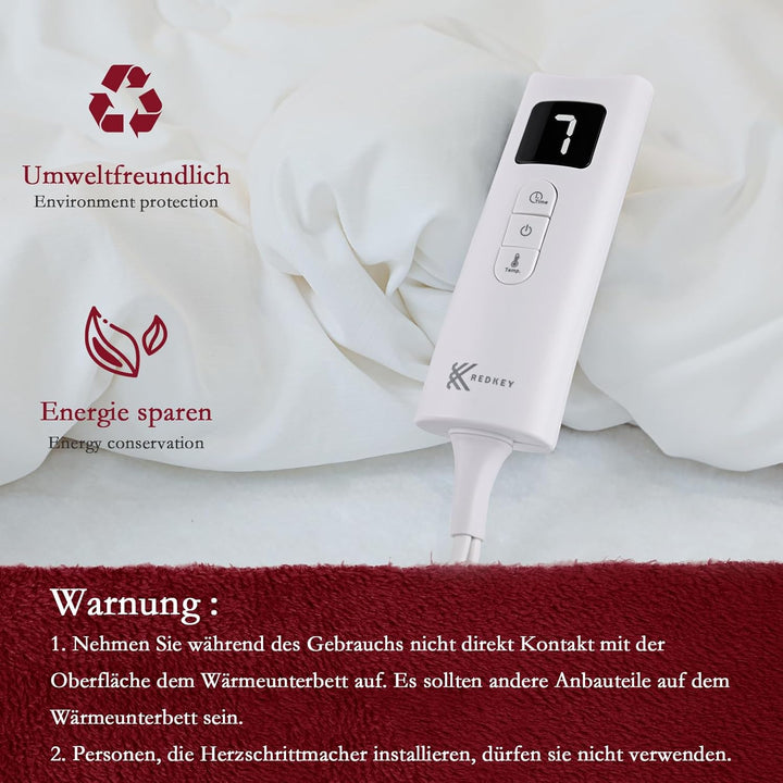 REDKEY Wärmeunterbett mit Abschaltautomatik, Heizdecke Unterbett mit 7 Temperaturstufen, Heizunterbe