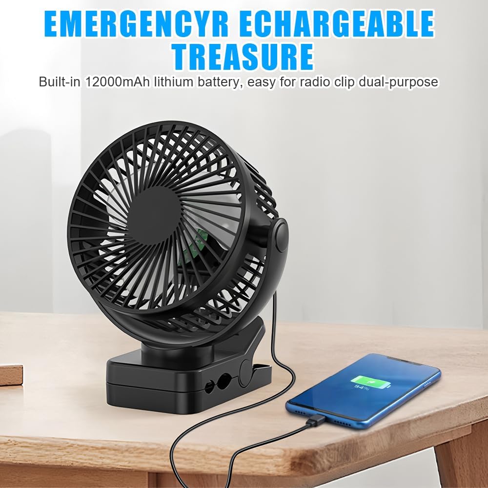 Camping Ventilator, 12000 MAh Mini USB Ventilator Leise mit Fernbedienung & Timerfunktion, 3 Geschwi
