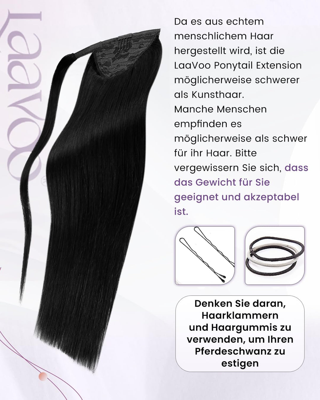 LaaVoo Zopf Extension Echthaar Schwarz Echthaar Pferdeschwanz Extensions Easy Fit Ponytail Extension