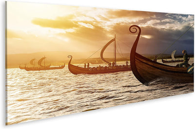 islandburner Bild auf Leinwand Wikinger Sturm Schiffe Meer Bilder Wandbilder Poster Leinwand 120x40c