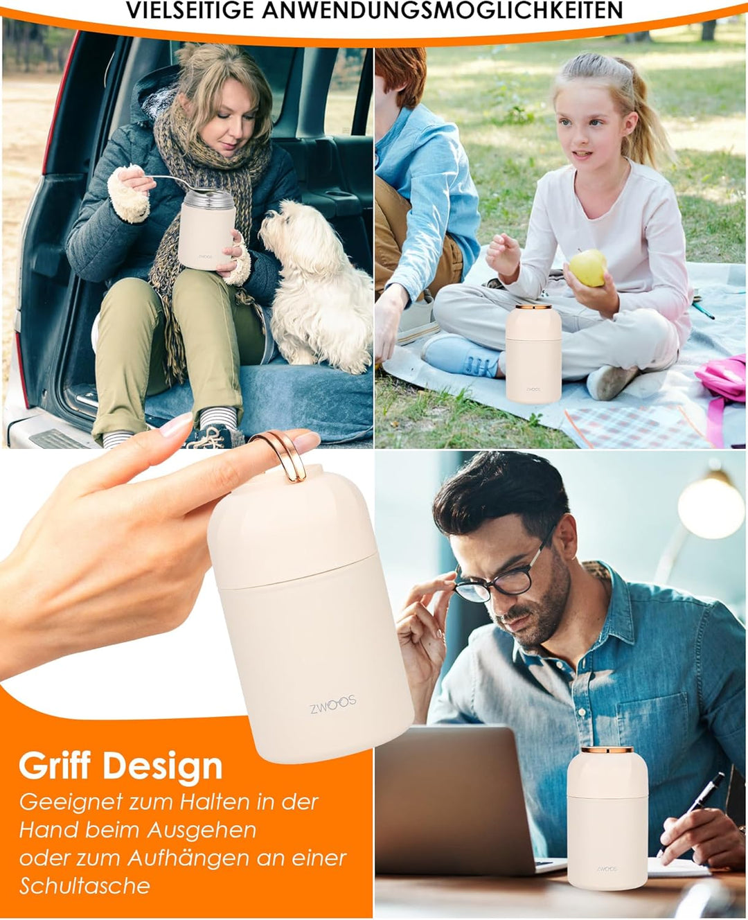ZWOOS Thermoskanne für Lebensmittel, 850 ml, Edelstahl, isoliert, mit Griff, isolierte Lebensmittelb