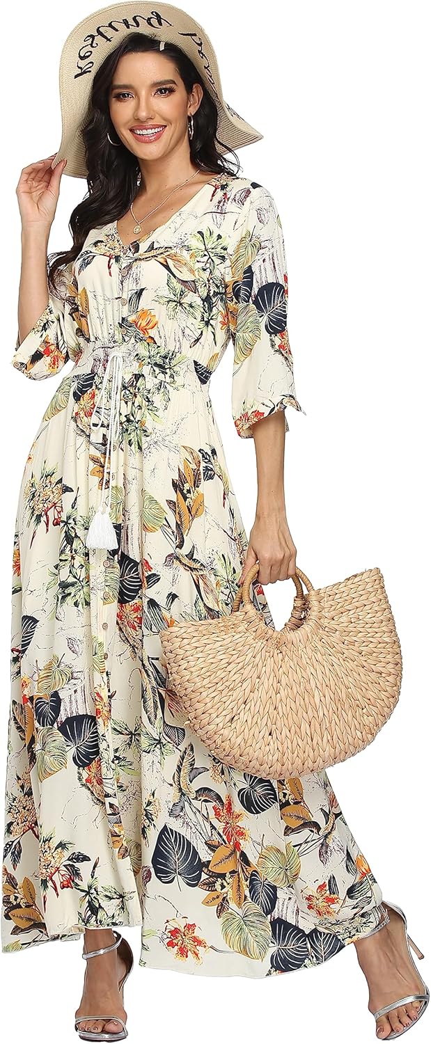 VOGMATE Damen Lange Split Knopf Up Sommer Maxikleid Floral Strandwear Holidy Kleid Hohe Taille mit k