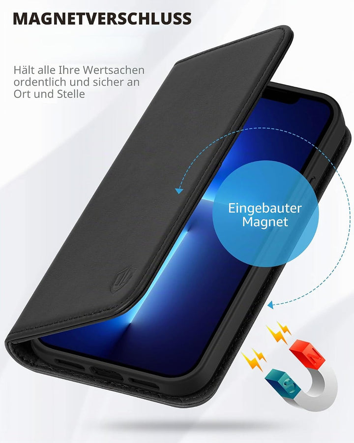 SHIELDON Hülle für iPhone 13 Pro Max Handyhülle TPU [Echtleder] [Kartenfach] [Magnet] Standfunktion