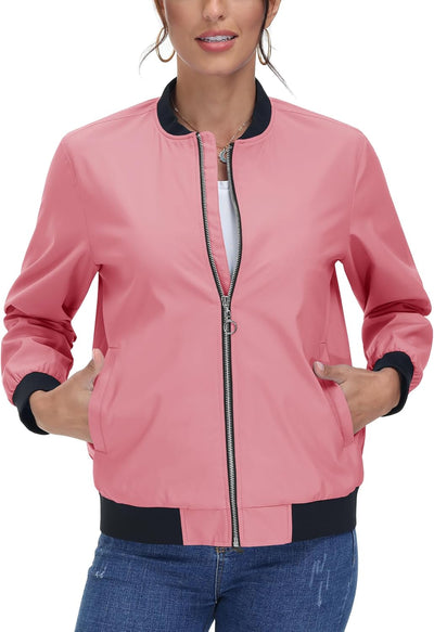 TACVASEN Damen Leicht Bomberjacke Casual College Jacket Sommer Fliegerjacke Sweatjacke M Rosa, M Ros