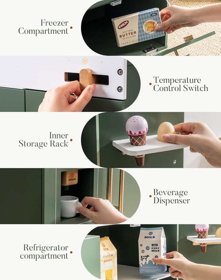 ROBUD Kinderküche + Spielkühlschrank Holz, Spielküche Kinder Küche mit Vorgetäuschtem Eiswürfelspend
