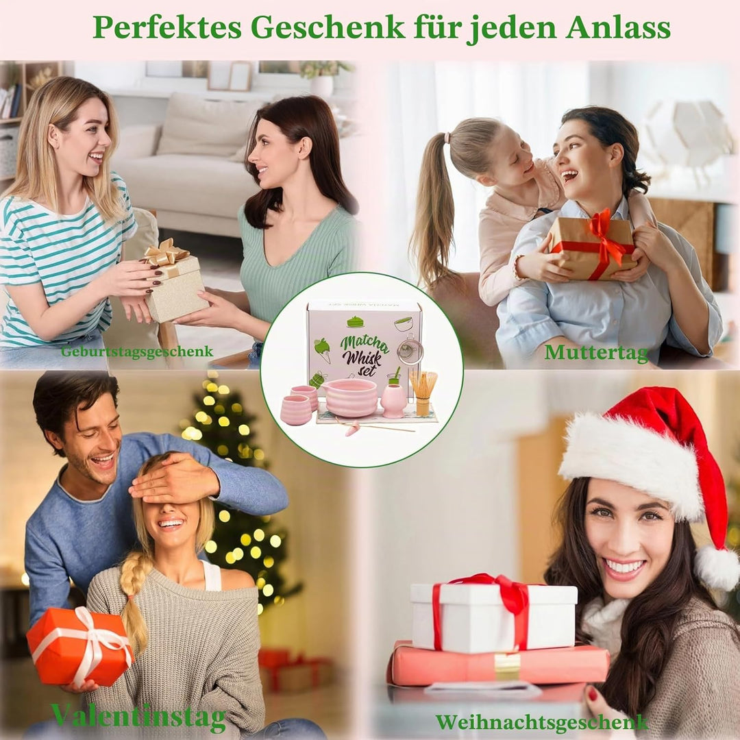 Matcha-Set, 9-teilig, rosa Matcha-Set mit Bambus-Matcha-Schneebesen, Keramikschale, Tasse, Halter, S