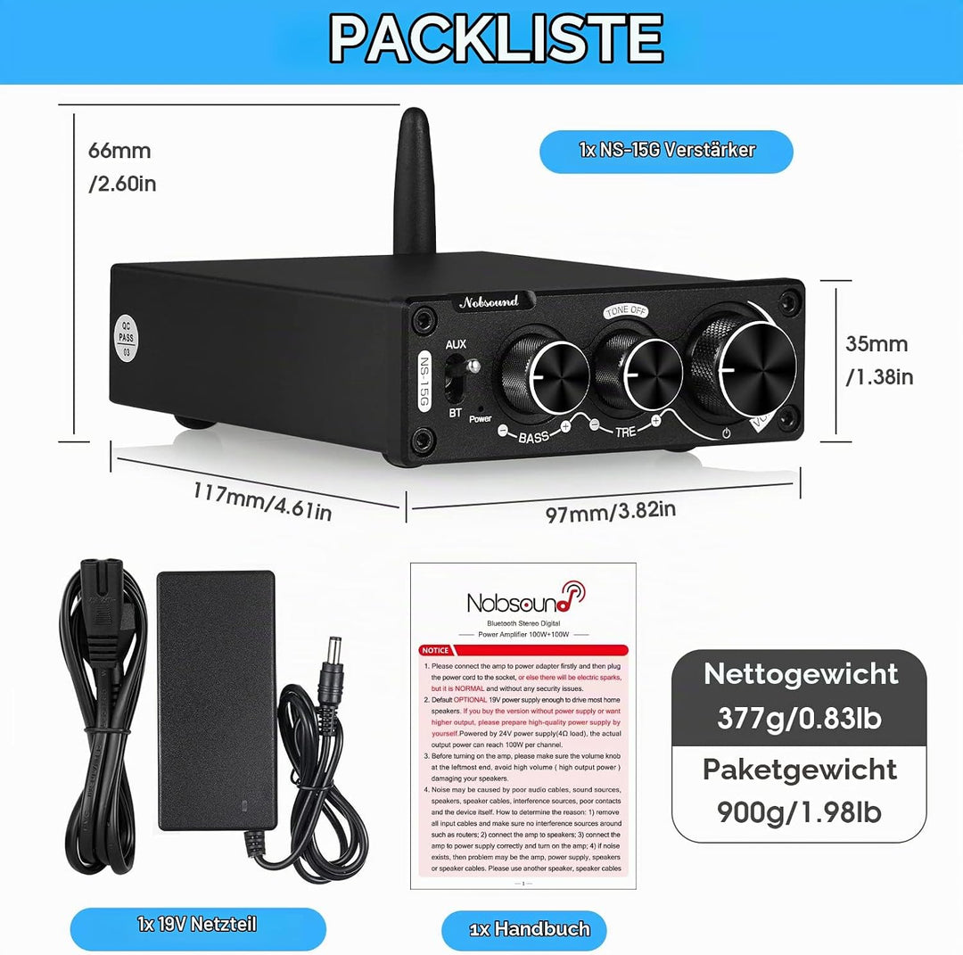 [Neu Aktualisiert] Nobsound 100W + 100W Mini Bluetooth Digital Verstärker HiFi-Stereo-Audio-2-Kanal-