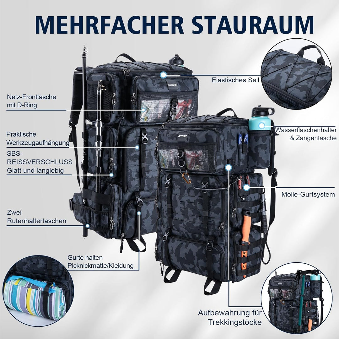 Goture 72L Angelrucksack mit Kühltasche (16L) &amp; Trocken-/Nass-Fach - Verstellbare Fächer Wasserabwei