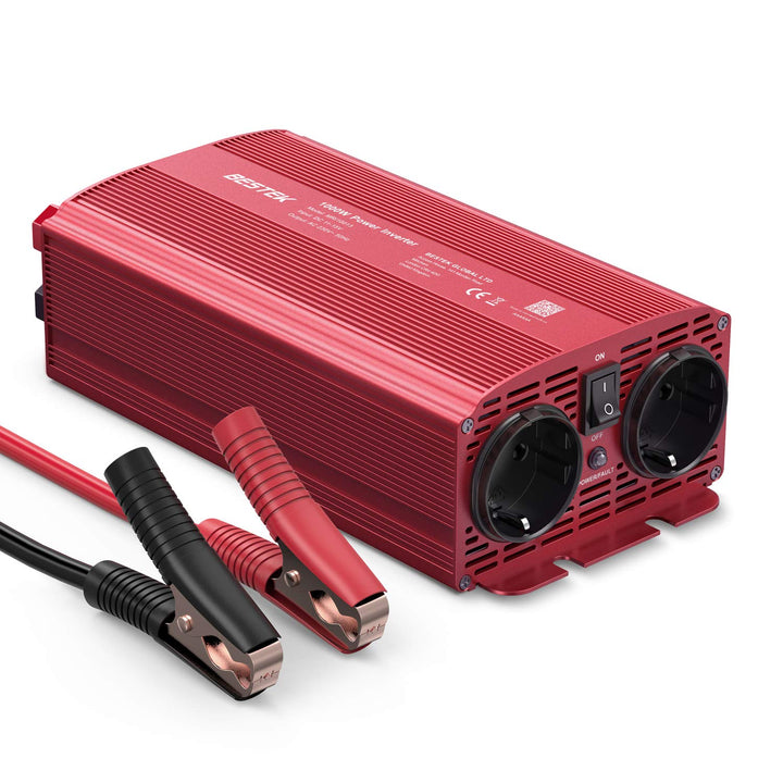 BESTEK KFZ Spannungswandler 1000W DC 12v auf AC 230v Wechselrichter Stromwandler mit 2 DE-Steckdose,