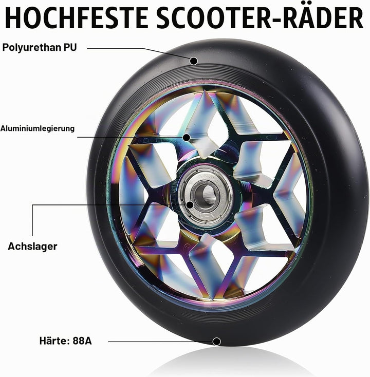 2 Stück Stunt Scooter Rollen 110 mm, Bunt Scooter Scooter Ersatzräder, 88A Rollerräder für Stunt mit