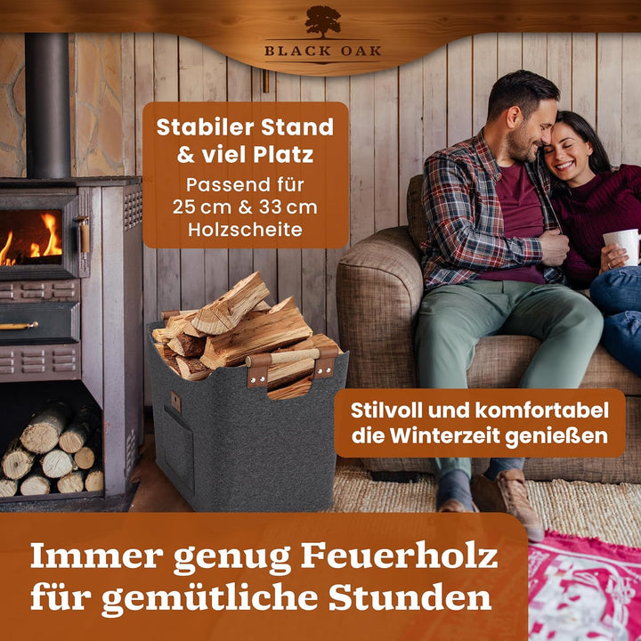 BLACK OAK Montana XL 60L Filzkorb &amp; Holzkorb für Kaminholz - Leder Applikation + rutschfeste Griffe