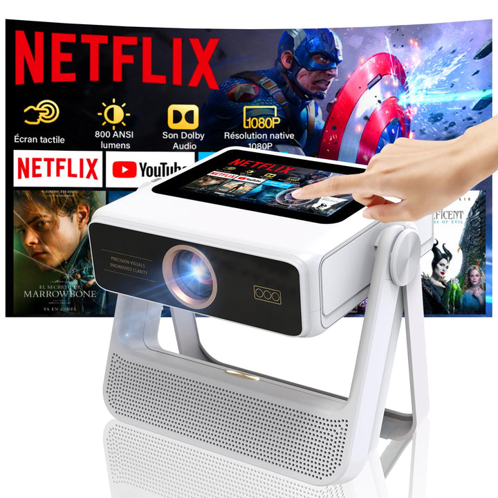 Smart Mini Beamer 4K-Unterstützung mit Touchscreen, 1100ANSI Outdoor Projektor, Autofokus & Trapezko