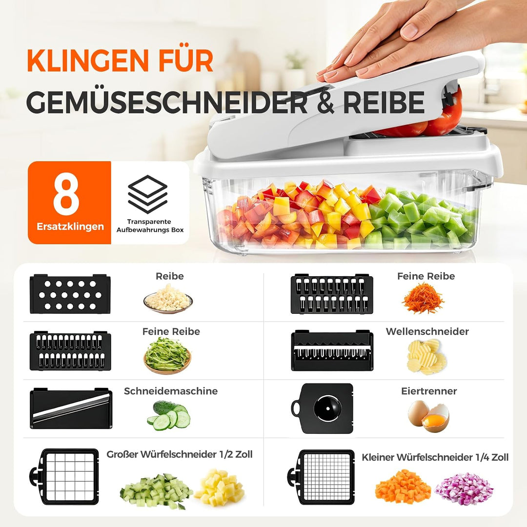 8-in-1 Multifunktionaler Gemüseschneider &amp; Mandoline Gemüsehobel | 8 Rostfreie Edelstahlklingen mit