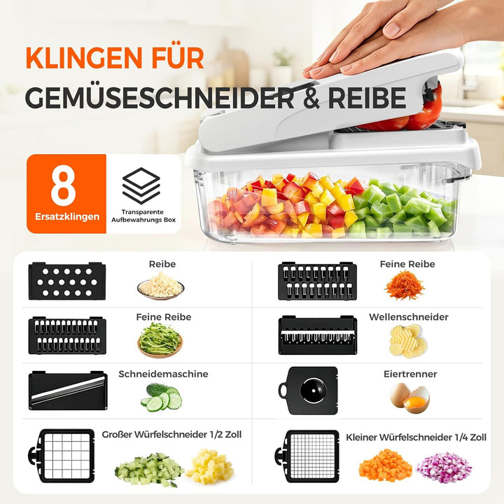 8-in-1 Multifunktionaler Gemüseschneider &amp; Mandoline Gemüsehobel | 8 Rostfreie Edelstahlklingen mit