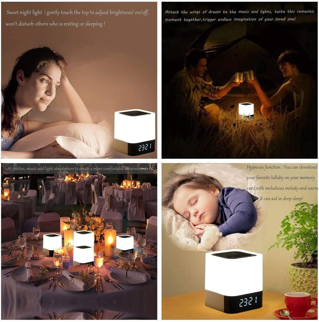 Bluetooth-Lautsprecher Wecker für Schlafzimmer, 5-in-1 dimmbare Touch-Nachttischlampe mit 7 RGB Farb
