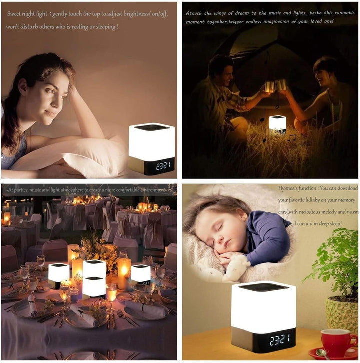 Bluetooth-Lautsprecher Wecker für Schlafzimmer, 5-in-1 dimmbare Touch-Nachttischlampe mit 7 RGB Farb