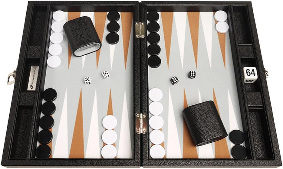 Backgammon-Set, 33 cm, Reisegrösse, schwarzes Brett, weisse und Rum-Punkte