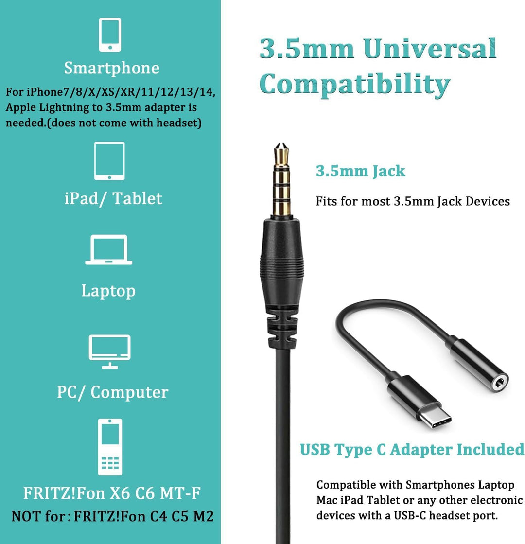 Callez 3,5mm Klinke Headset Handy mit Mikrofon Noise Cancelling, PC Kopfhörer für FritzFon C6 X6 iPh