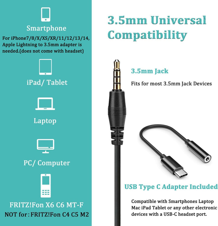 Callez 3,5mm Klinke Headset Handy mit Mikrofon Noise Cancelling, PC Kopfhörer für FritzFon C6 X6 iPh