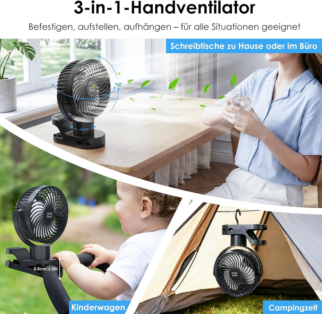 Minthouz Clip Ventilator, 8000mAh USB Tischventilator 4 Windstufen, 6 Zoll | Max 38h Laufzeit, Beleu