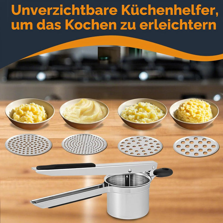 Edelstahl Kartoffelpresse mit 4 Einsätzen – Robuste &amp; Ergonomische Kartoffelpresse – Leicht zu Reini
