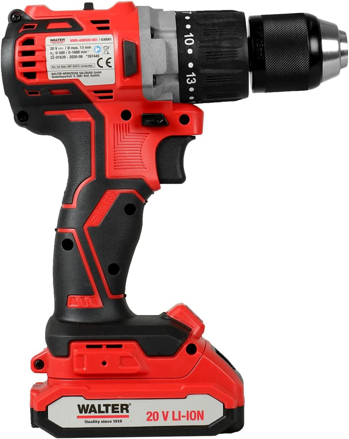 WALTER Li-Ion Akku-Schlagbohrschrauber Brushless 20V, 16 Drehmomentstufen, LED-Arbeitsleuchte, inkl.