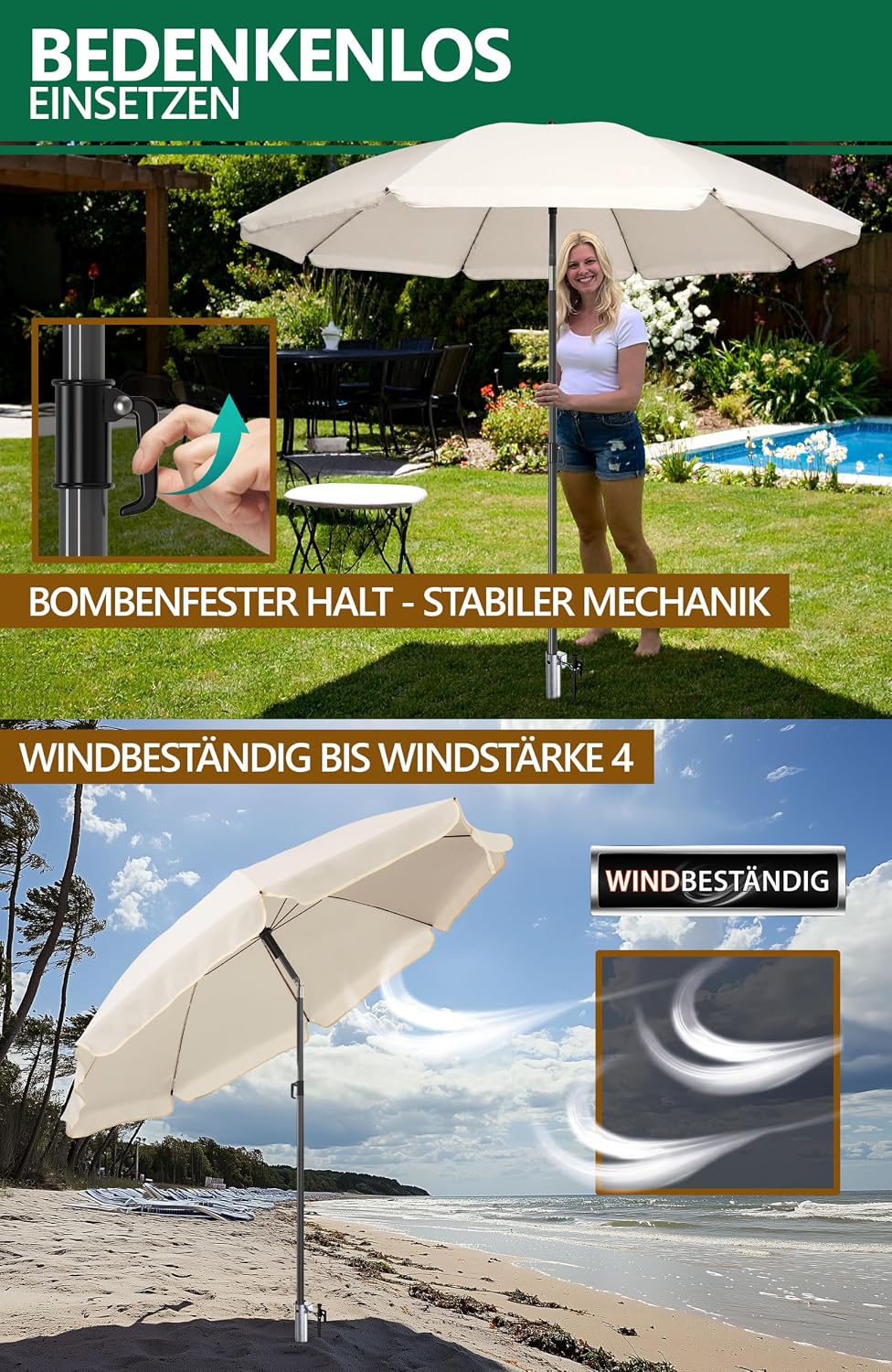 4smile Sonnenschirm Strand 3-in-1 Set, Ø 180 cm, Beige, Strandschirm Windfest Stabil, UV50 Sonnensch